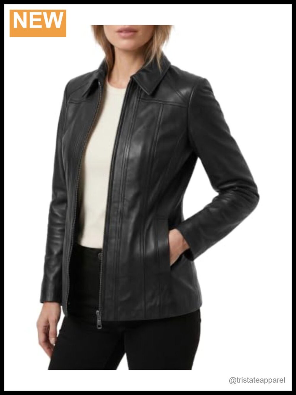 Women's Real Lambskin Leather Long Coat Jacket with Shirt Collar & Zipper